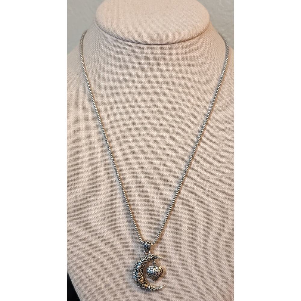 Sterling & 14K Two Toned Filigree Moon & Dangling Heart Pendant Necklace